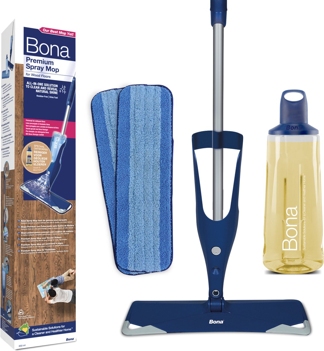 Goedkoopste Bona Premium Spray Mop - Alles-in-1 Dweilsysteem - Vloerwisser met Spray - Inclusief Geoliede Houten Vloer Reiniger & 2 Microvezel Reinigingspads - Dweil - Streeploos - Sneldrogend