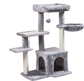 MaxxPet Krabpaal - Kattenspeeltuig - Krabton - Kattenhuis - Kattenkrabpaal 4 verdiepingen - 3 ligplekken + kattenhuisje + Hangmat met extra speeltjes - 58x39x90cm - Grijs