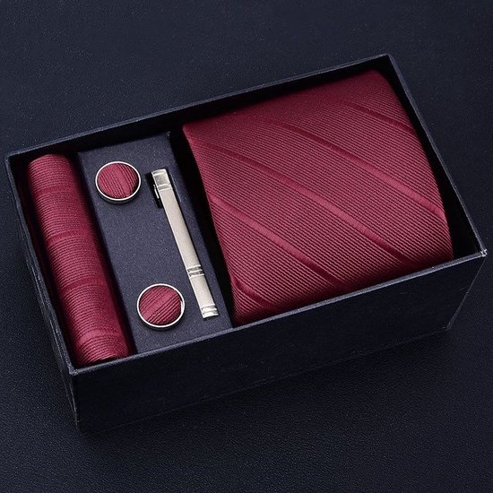 Set de cravates en soie - Cravate avec pochette, Boutons de manchette et pince à cravate - Set de cravates 100 % soie - Rouge