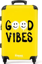 NoBoringSuitcases.com® - Koffer groot - Rolkoffer lichtgewicht - Zwarte spuitbusletters met witte smileys - Reiskoffer met 4 wielen - Grote trolley XL - 20 kg bagage