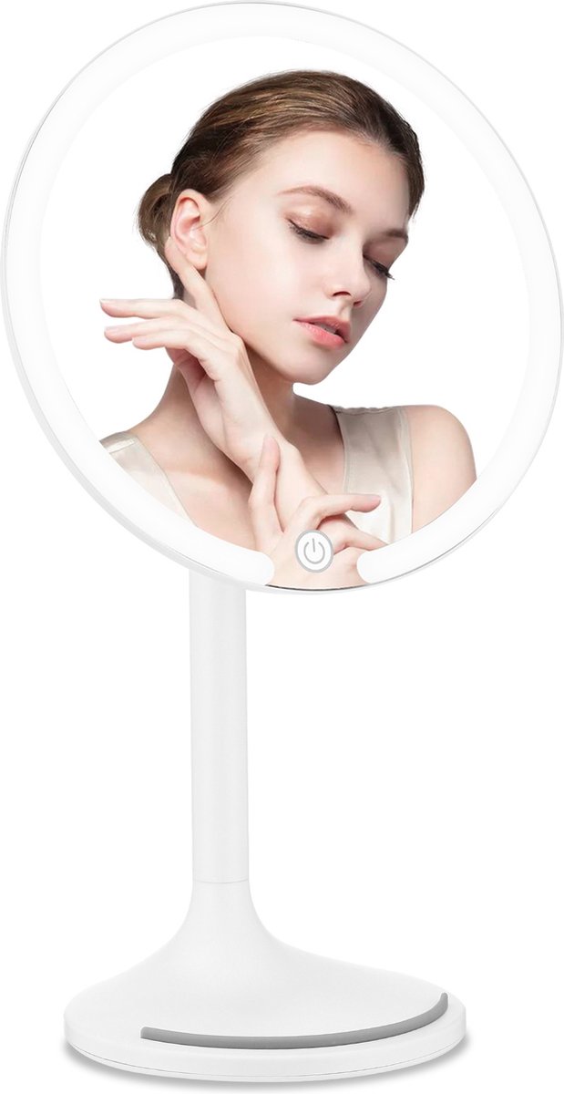 Goedkoopste Behave Make up spiegel met LED Verlichting - Scheerspiegel - 3x Vergrotend - 3 Kleurstanden - Draaibaar - Oplaadbaar - Incl USB kabel - Telefoonhouder - Premium microvezeldoek - Wit - 33 x 20 cm