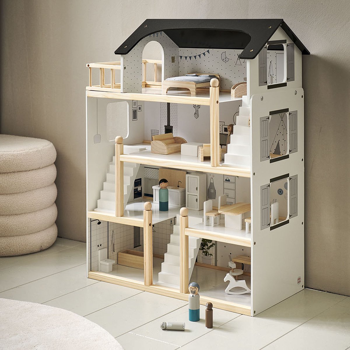 Petite Amélie Houten Poppenhuis - Zwart, grijs en wit - H.80 cm - Incl. 19 Poppenhuis Meubels – Voor een moderne speelwereld vol avonturen — afbeelding 7