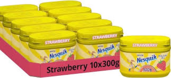 Doos met tien gele Nesquik aardbeiendrankmixpotten van 300g.