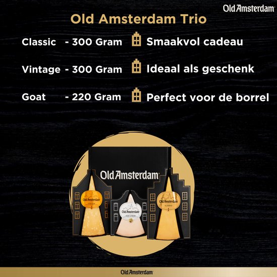 Old Amsterdam Trio: Classic 300g, Vintage 300g, Geitenkaas 220g. Gekaderd met goudkleurige lijnen.