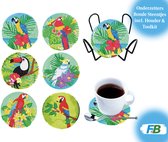 F4B 6-Delige Onderzetters Exotische Vogels Diamond Painting | Ronde Steentjes | Met Houder | Onderleggers | Papegaai | Kaketoe | Toekan | Kinderen | Pakket Volwassenen en Kinderen