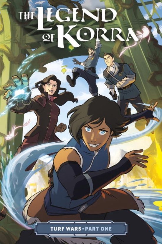 De cast van The Legend of Korra springt in de lucht, met Korra op de voorgrond in een blauw pak.