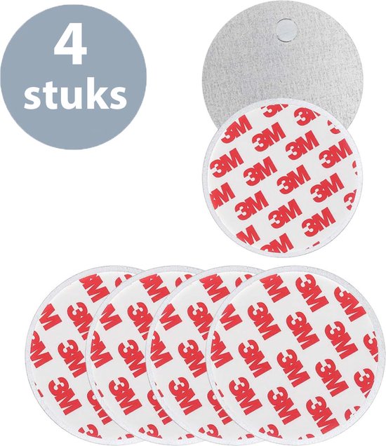 Vier ronde magnetische 3M-bevestigingsschijven met een zilverkleurige achterkant. Text '4 stuks' in een grijs cirkel.