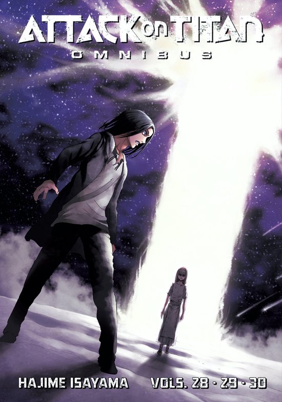 De cover van Attack on Titan Omnibus, met Eren en Mikasa onder een gloeiende lichtstraal in een besneeuwd landschap.