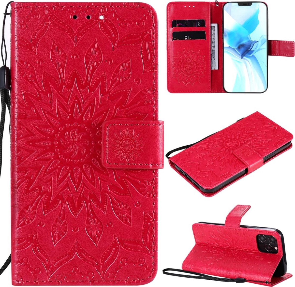 Mobigear Telefoonhoesje geschikt voor Apple iPhone 12 Mini Hoesje | Mobigear Sunflower Bookcase Portemonnee | Pasjeshouder voor 2 Pasjes | Telefoonhoesje voor Pinpas / OV Kaart / Rijbewijs - Rood