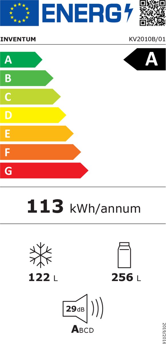 Inventum KV2010B No Frost energiezuinige koel-vriescombinatie - 201 cm hoog - 378 liter - Zeer stil: 29 dB - Superkoelen - Supervriezen - Vershoudlade - Energielabel A - Vrijstaand - Zwart — afbeelding 2