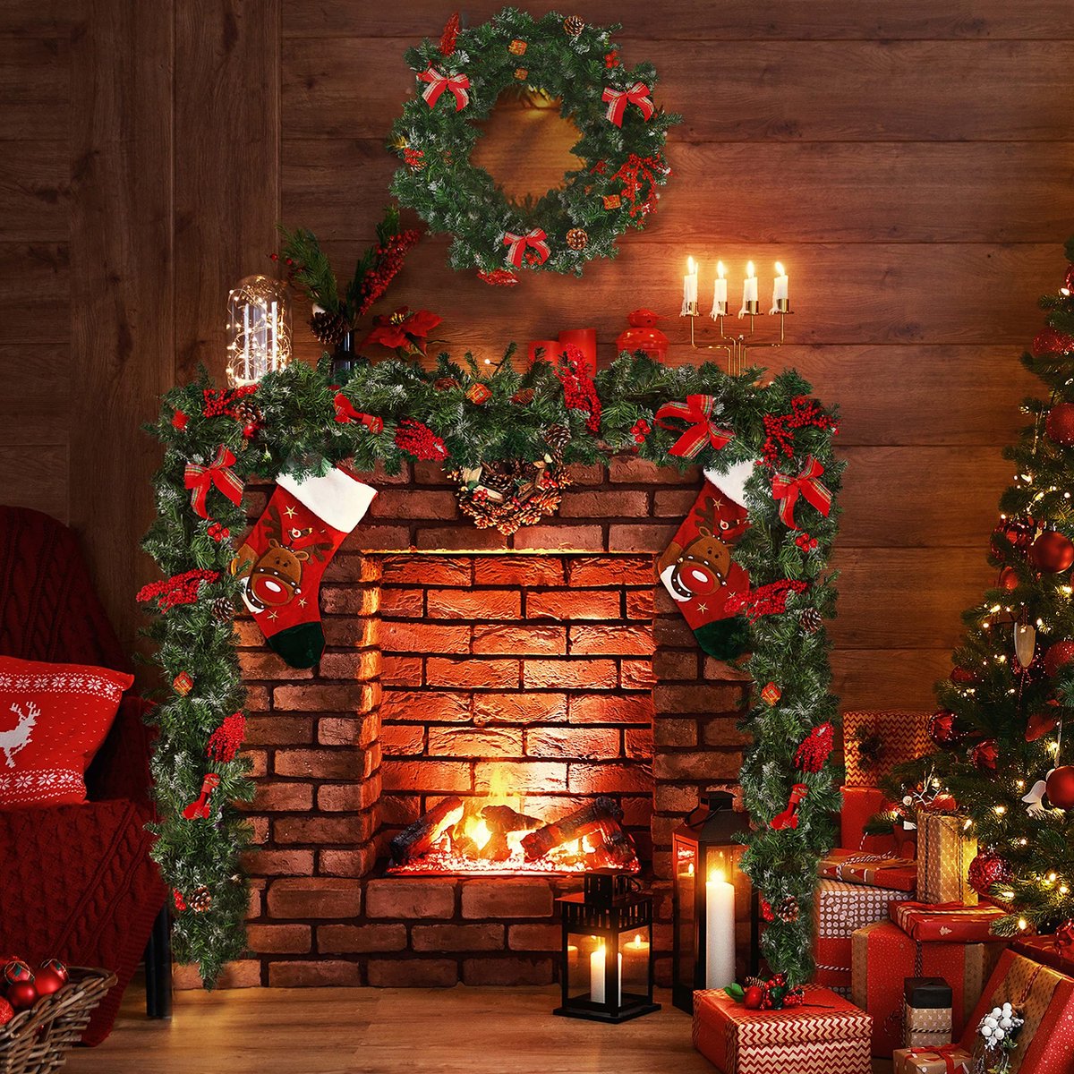 4x Glendon kerstguirlande | groen met bevroren details & LED lampjes