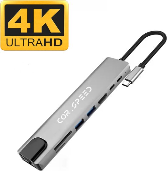 Cor.Speed USB C hub 8 in 1 – HDMI 4K – Docking station – USB hub – 2x USB 3.0 – 2x USB C (PD en Data transfer) – Micro/SD card reader – PREMIUM Space grey