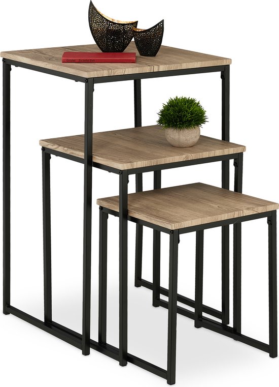 Table d'appoint industrielle Relaxdays - lot de 3 - mimiset - table basse carrée - intérieur - D