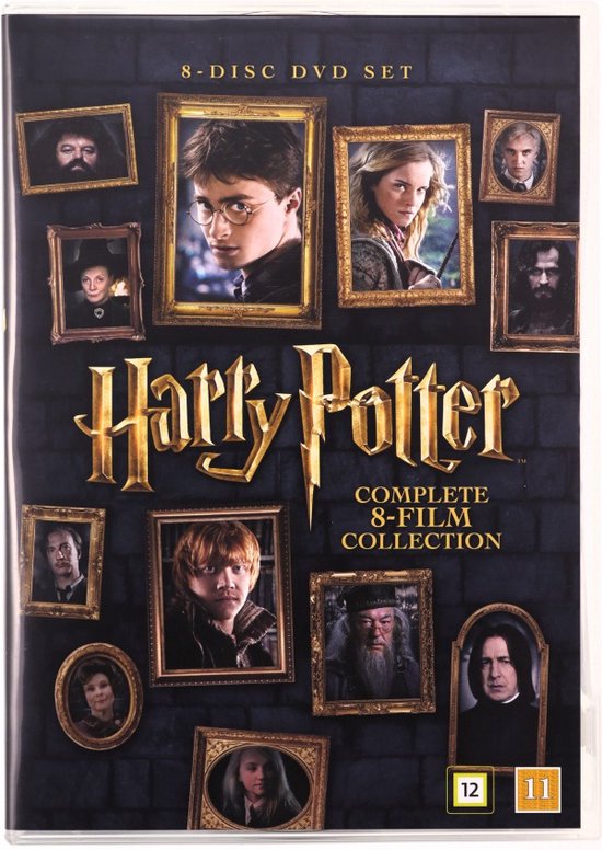 Box met 8 dvd's van de Harry Potter Complete 8-film Collectie, met portretten van Harry, Hermelien, Ron en andere personages.