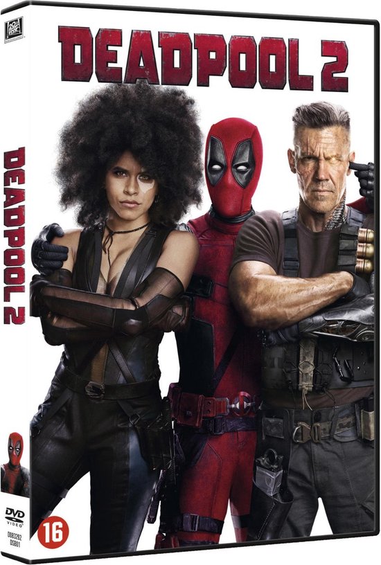 Deadpool 2 DVD hoes met Deadpool, Cable en Domino. "DEADPOOL 2" verticaal.