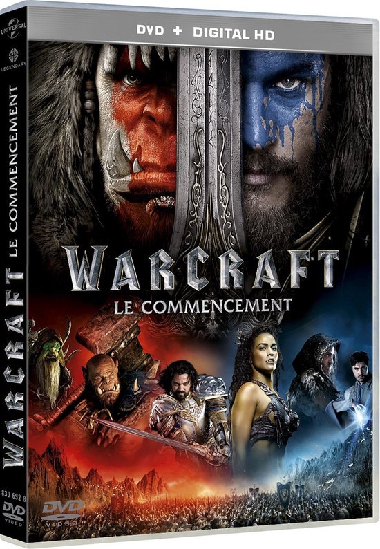 Warcraft: Le Commencement DVD + Digital HD-hoes met een ork en een mens tegenover elkaar, met de titel in het midden.