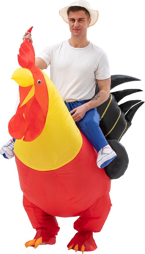 KIMU® Opblaas Kostuum Zittend op Haan Rood Geel - Opblaasbaar Pak - Hanenpak Mascotte Opblaaspak - Opblaasbare Kip Dames Heren Halloween