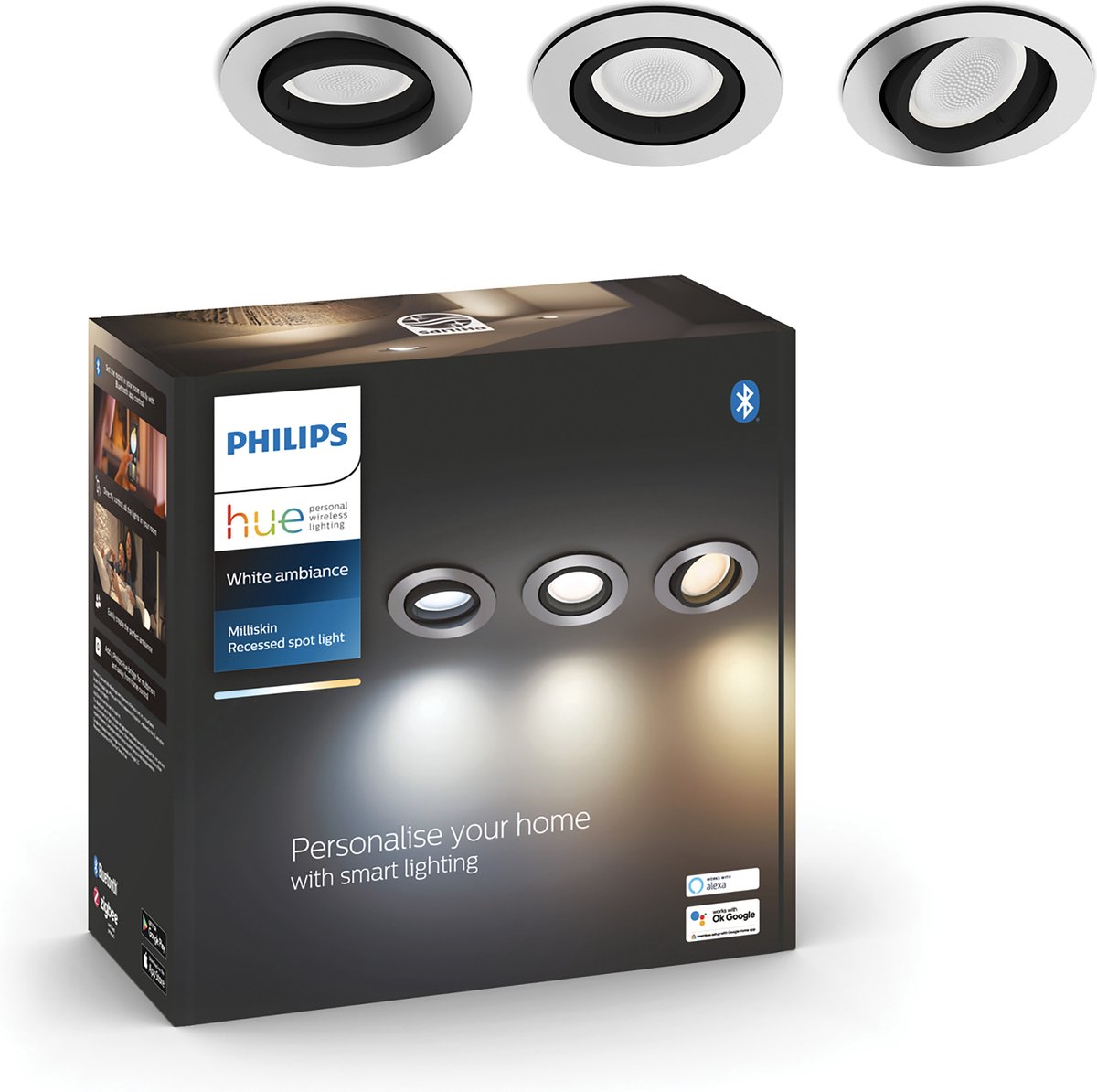 Philips Hue Milliskin inbouwspot - warm- tot koelwit licht - 3-pack - wit - rond - GU10 — afbeelding 1