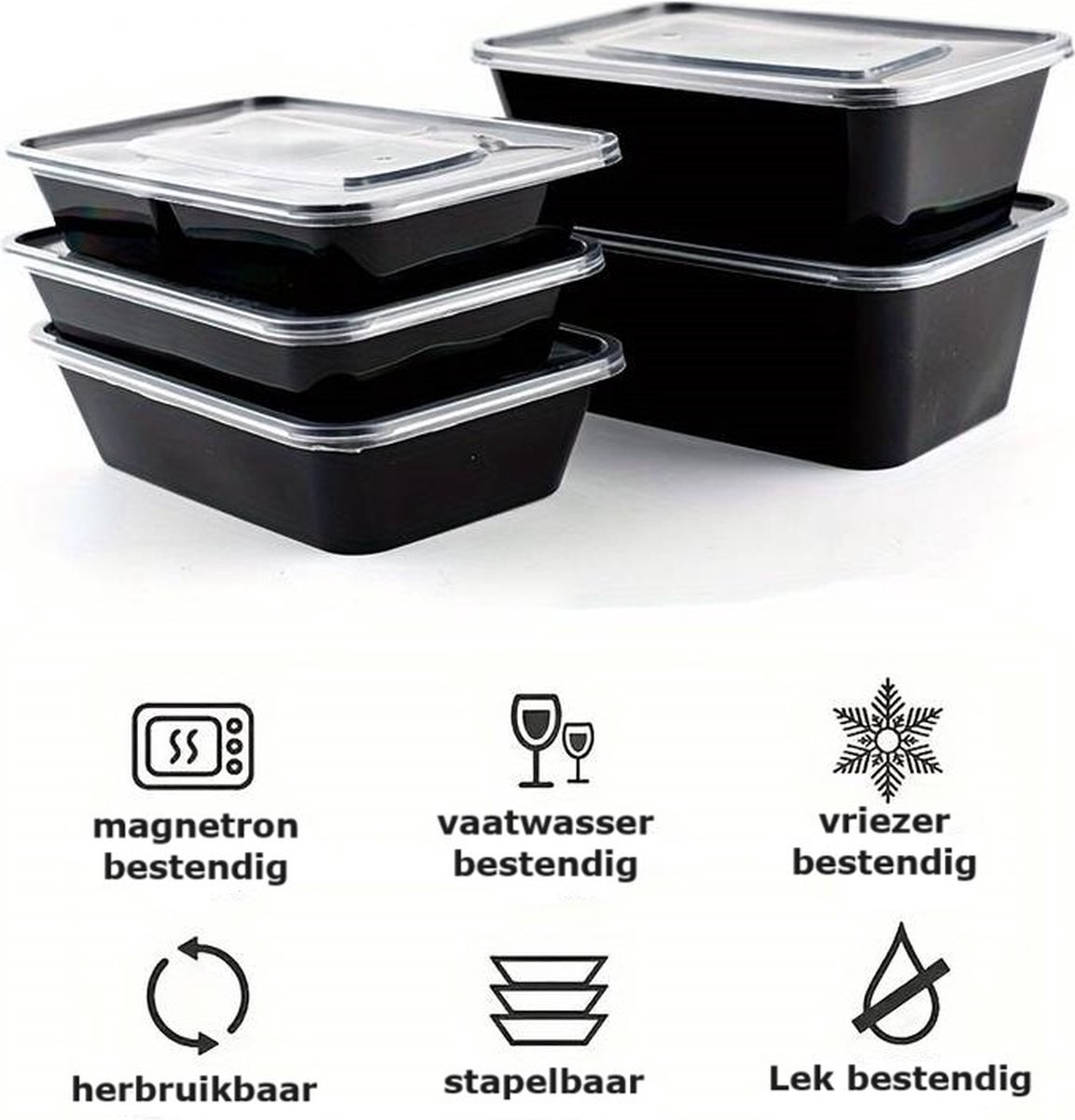 Set van 25 Stuks - 500 ML Prep-Meal Vershoudbakjes Zwart - Vershouddoos - Meal Prep Bakjes Met Deksel - Magnetron Bakjes - 500 ML - Zwart - 25 stuks - 500 cc - Vaatwasserbestendig - BPA Vrij - Duurzaam - Herbruikbare Bakjes — afbeelding 3