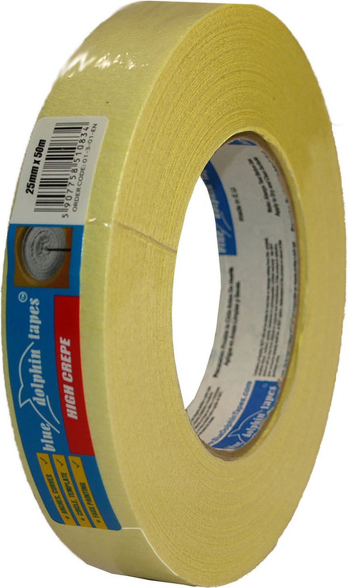 BLUE DOLPHIN TAPES - HIGH CREPE Masking Tape - Schilderstape voor bochten - 25mmx50m