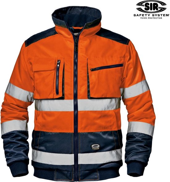 Gevoerde oranje pilot werkjas met marineblauwe accenten, reflecterende strepen en zakken. SIR SAFETY logo.