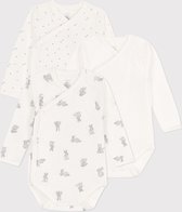 Petit Bateau Set van 3 katoenen overslagbody's met konijntjes en lange mouwen Unisex Rompertje - Wit;Grijs
