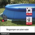 Grijze Powerplus dompelpomp met rode vlotterschakelaar bij een opblaasbaar zwembad op een groen kleed.