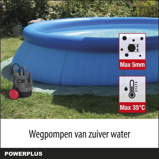 Grijze Powerplus dompelpomp met rode vlotterschakelaar bij een opblaasbaar zwembad op een groen kleed.