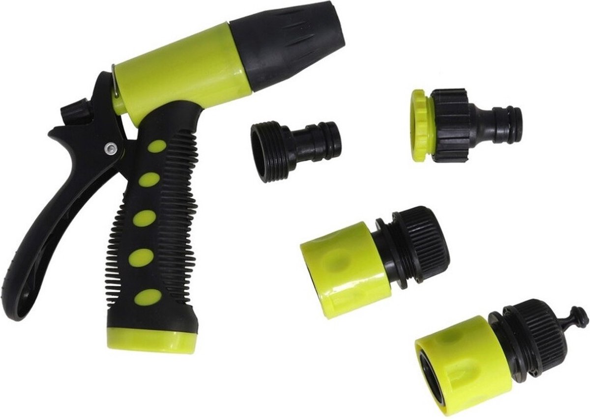Pro Garden Tuinsproeier set 4-delig - spuit/sproeipistool met aansluitstukken - 14 cm - plastic - groen/zwart - 4 standen
