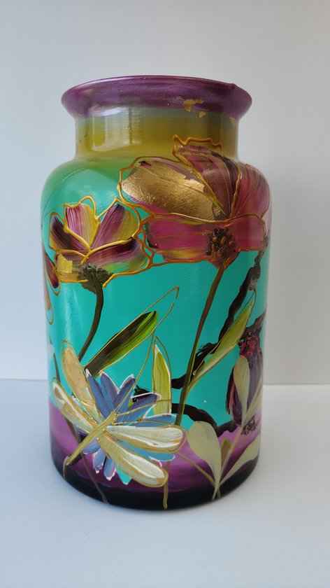 Rainbowpainting- melkkan model vaas- hand beschilderde vaas-turqoise- 30cm- glas- handgemaakt-handbeschilderde glazen vaas- unieke- bloemen vaas- kunst object van nederlandse bodem- ongewoonbijzonder- design- industrieel- modern- landelijk