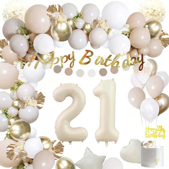 Joya Party® 21 jaar verjaardag feest pakket Beige en Wit | Versiering Ballonnen voor feest 21 jaar | Eenentwintig Verjaardag Versiering | Ballonnen slingers opblaasbare cijfers 21