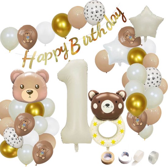 Joya Party® 1 Jaar Verjaardag Versiering Set Teddy Beer | Baby | 1ste Verjaardags Feest | Happy Birthday Slinger Ballonnen | Feestversiering Beren | Bruin, Beige en Wit