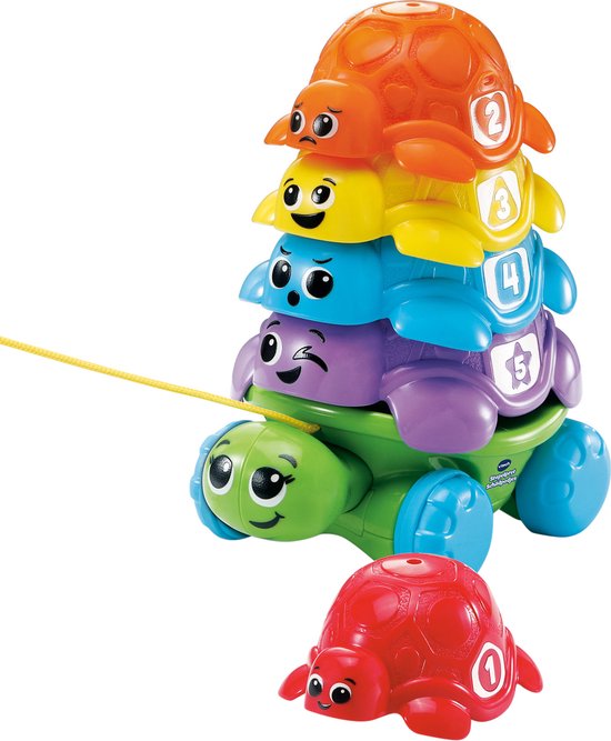 Een stapel gekleurde schildpadjes met een rood schildpadje met nummer 1 ervoor. De schildpadjes zijn rood, oranje, geel, blauw en paars.