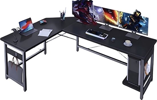 L-vormig bureau - Groot computertafel met stabiele gaming hoek en rek voor computerbehuizing - Extra groot werkoppervlak van 163 x 120 cm in het zwart.