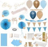 Baby Shower Pakket - Feest Versiering - Babyshower - Jongen - Ballonnen - Slingers - Goud - Blauw - Hangdecoratie - Ballonnenboog - Uitgebreide Set - Tafelbenodigdheden
