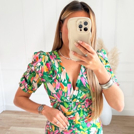 Lange jurk met print Groen geel roze Jurk met split Veel stretch Pofmouwen . bol