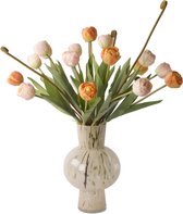 WinQ- Roze en Oranje Tulpen met groen- Boeket kunst Tulpen 42cm -14 tulpen - Kunstbloemen - zijden bloemen - Exclusief glasvaas