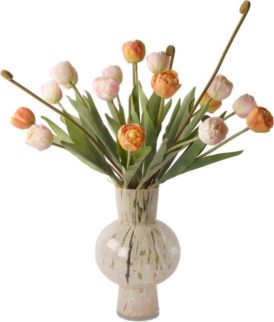 WinQ- Roze en Oranje Tulpen met groen- Boeket kunst Tulpen 42cm -14 tulpen - Kunstbloemen - zijden bloemen - Exclusief glasvaas