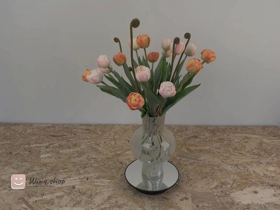 WinQ - Tulipes roses et Oranje avec verdure - Bouquet de tulipes artificielles 42 cm - 14 tulipes - Fleurs Fleurs artificielles - fleurs en soie - Vase en verre exclusif