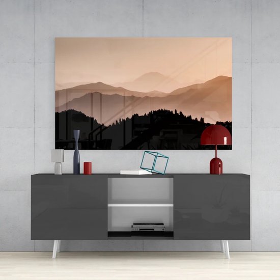 Glasschilderij - Natuur - Mistige Bergen - 110x70 cm