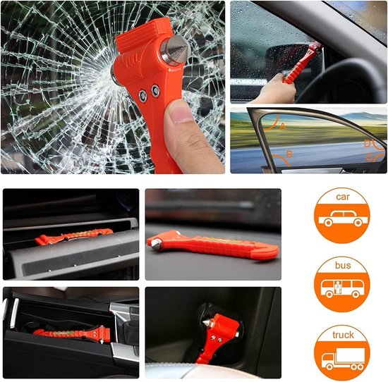 Gordelsnijder, noodhamer voor de auto, auto met chassis en testglas, 2