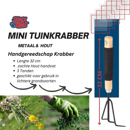 Synx Tools Mini Tuinkrabber Metaal 32 cm - hark - Tuinkrabber Mini- Mini tuingereedschap - Onkruidverwijderaar - Handgereedschap - Moestuin benodigheden van Synx Tools — afbeelding 2