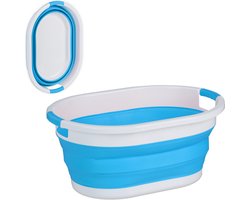 opvouwbare wasmand - 24 liter - kunststof - ruimtebesparend inklapbaar - handgrepen - blauw-wit