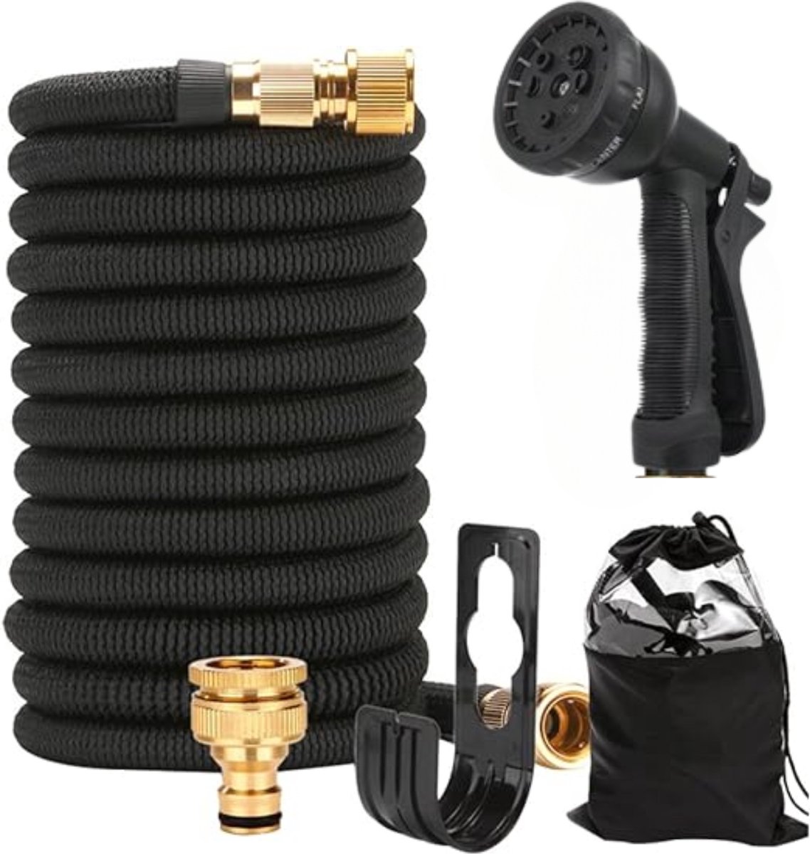 Tuinslang Set - Super Sterk Uitrekbare Tuinslang Set + GRATIS Koppeling Wandhouder - Tuinsproeier - Zwart - Flexibel