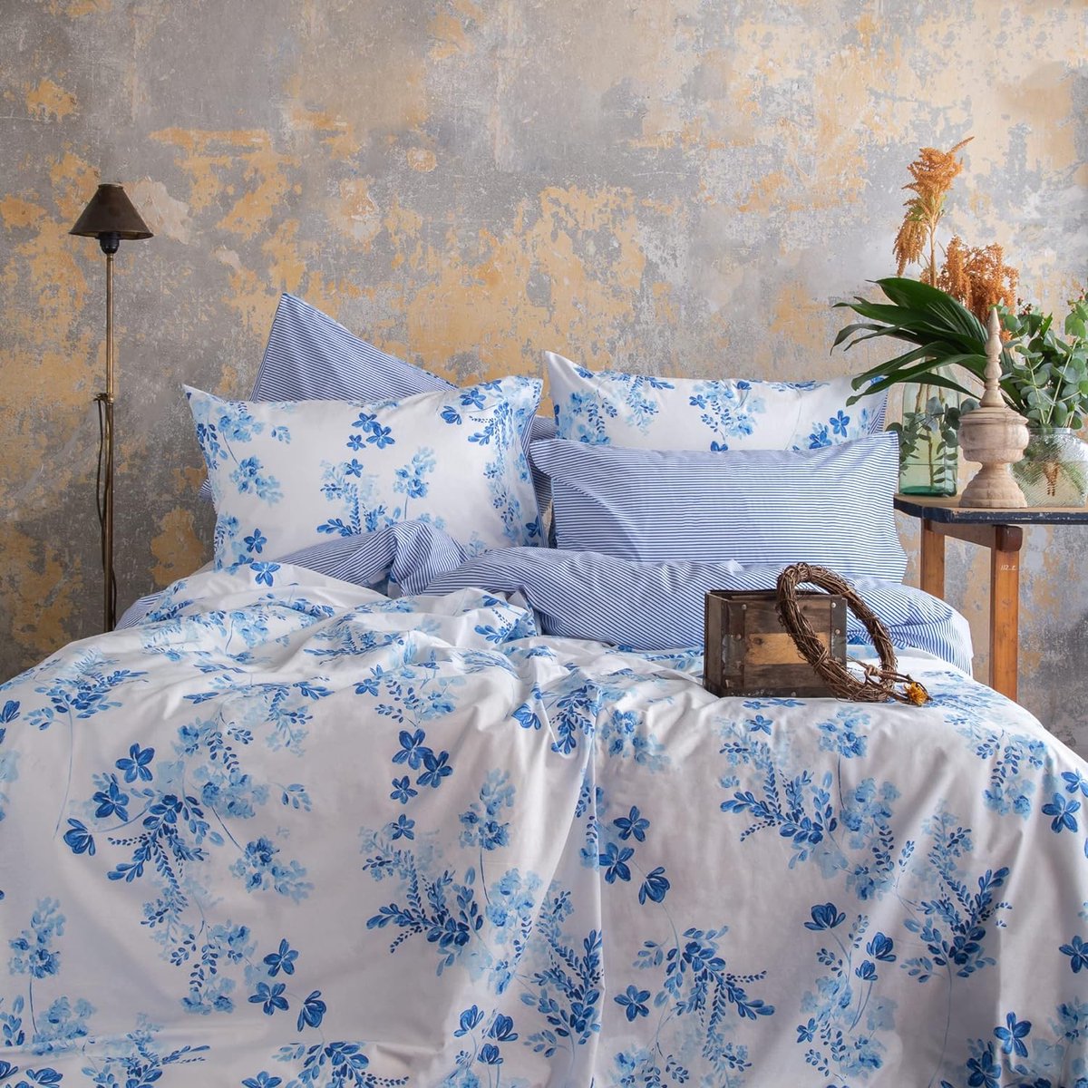 Beddengoedset 135 x 200 katoenen strepen bloemen omkeerbaar blauw dekbedovertrekken (135 x 200 + 80 x 80 cm)