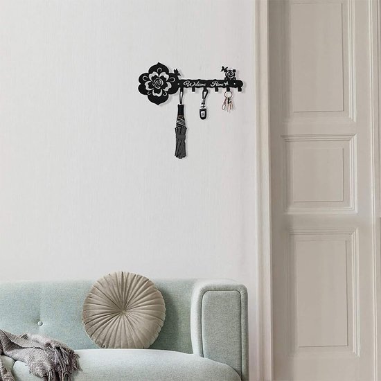 Sleutelplank, sleutelbord, sleutelplankhaken, muursleutelhouder met 6 haken, smeedijzer, rozenmetaal, sleutelhanger, sleutelhaak, metalen kunstornament (zwart)
