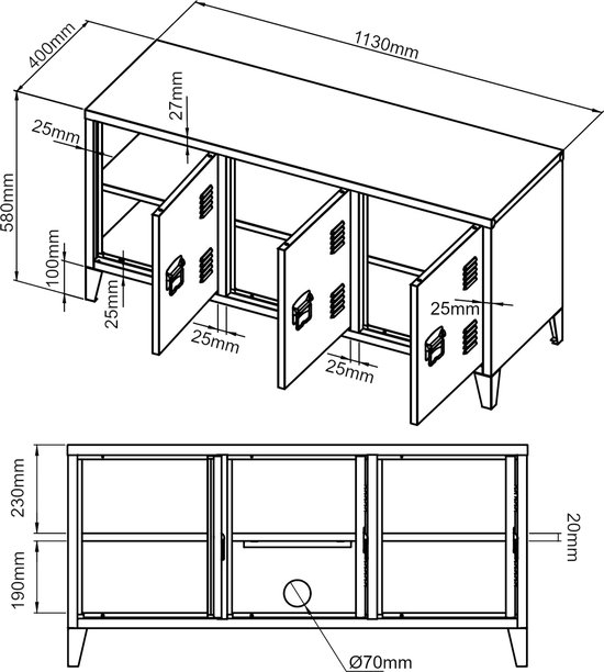 Mesa De Tele Kotka Con 3 Puertas Acero 113x40x58 Cm - Negro [en.casa