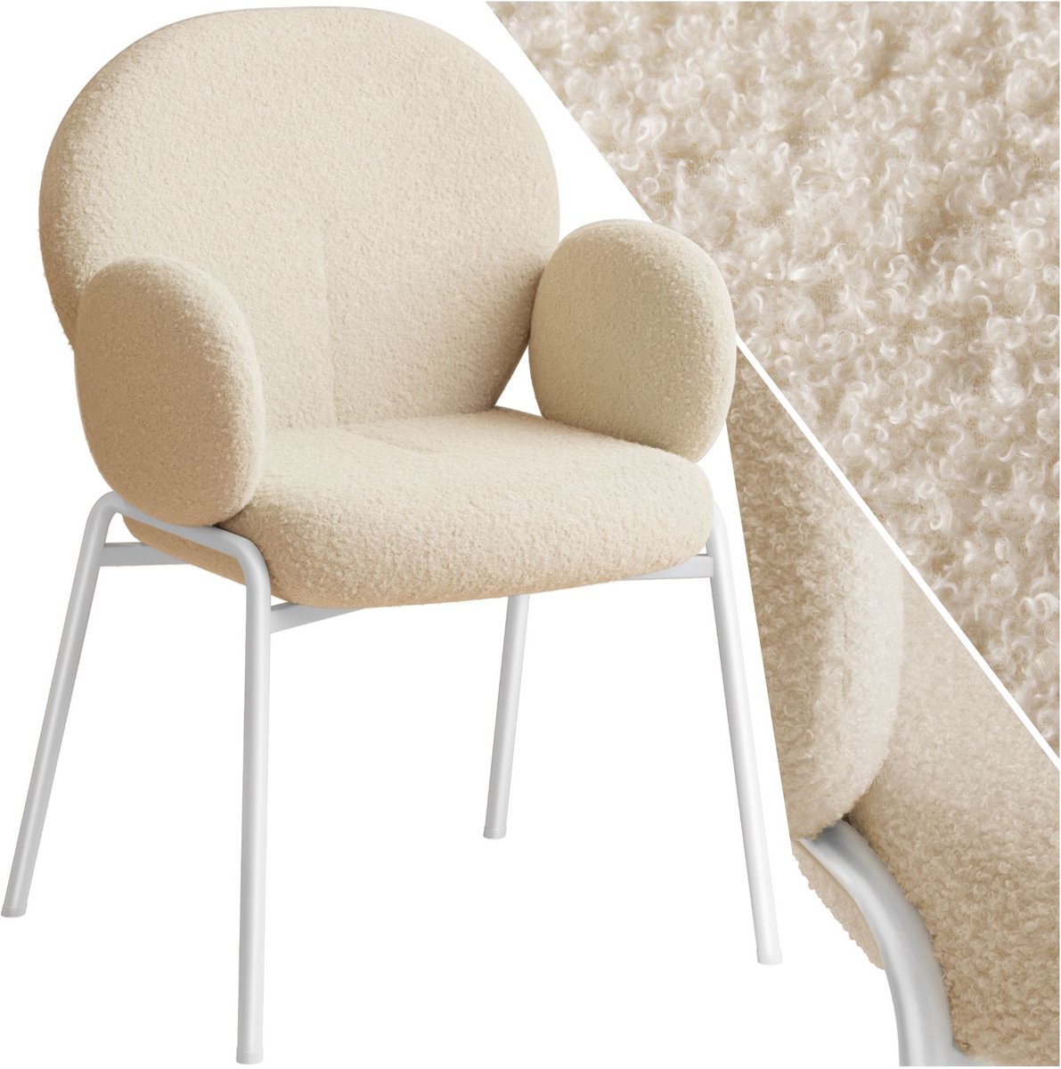 Tectake Eetkamerstoel met Armleuning - Scandi Stoel - Eetkamerstoelen - Stoelen voor Eetkamer en Eettafel - Keukenstoel - Bekleding van Bouclé Teddystof - Klassiek - Crème Creme