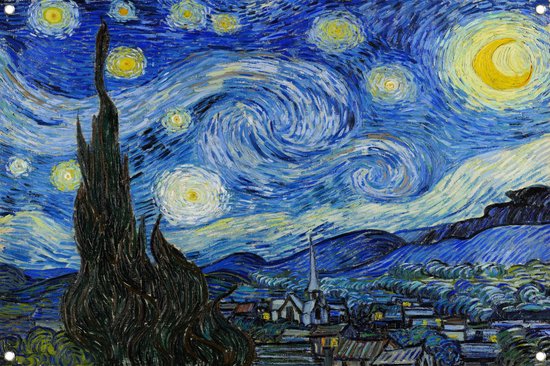 Sterrennacht - Vincent van Gogh - Tuinposter - 120x80 cm - Tuin accessoires - Oude Meesters - Blauw - Zwart - Geel