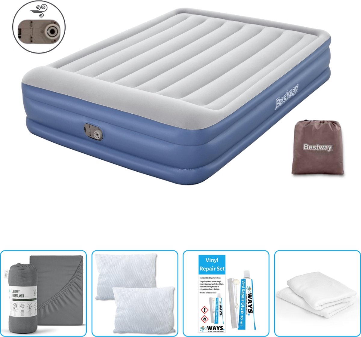 Bestway luchtbed - 2-Persoons - 152 x 203 x 46 cm - Grijs/Blauw - Inclusief pomp - Hoeslaken - Kussen - Kussenbeschermer en Reparatieset